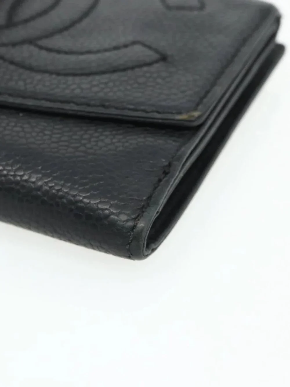 CHANEL Bifold Wallet Grained Calf Skin Black Gold CC Auth bs34761